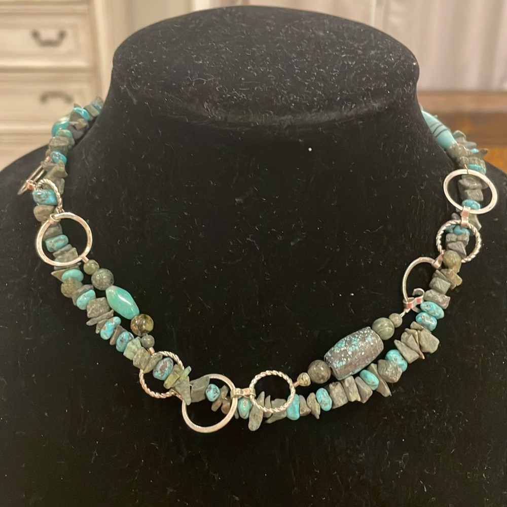 Vintage Turquoise Beaded Silver Tone Choker Collar Statement Necklace